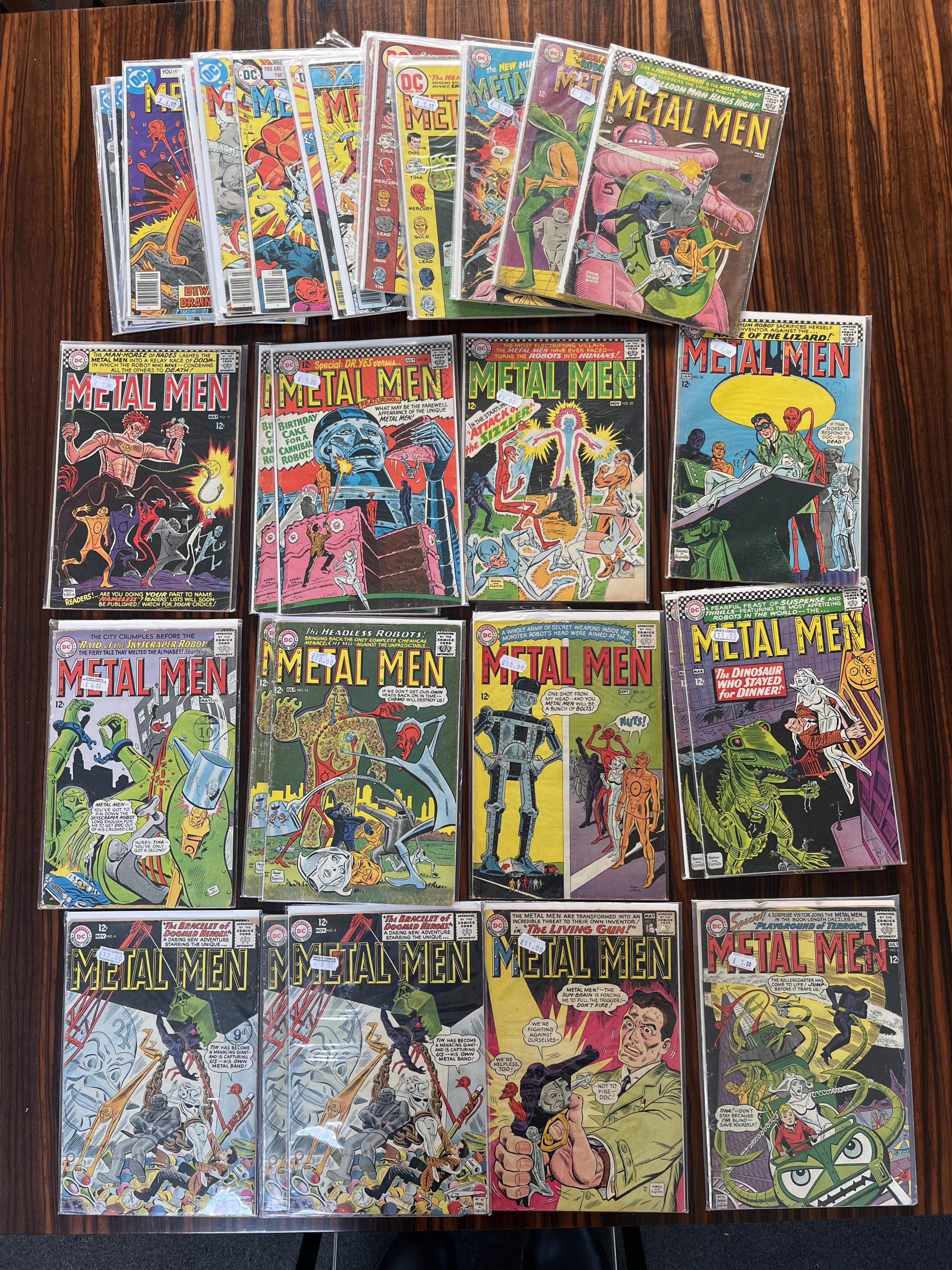 Metal Men, DC comics, Vol. 1, 38 issues between #4–56, comprising, #4 x3, #7, #8, #13 [minor key], #14 x2, #15, #18 x2, #19, #20 x2, #22, #23, #24, #32, #35, #37, #38, #43, #44A x3, #47, #48, #49, #50 x2, #51, #52 x2, #5